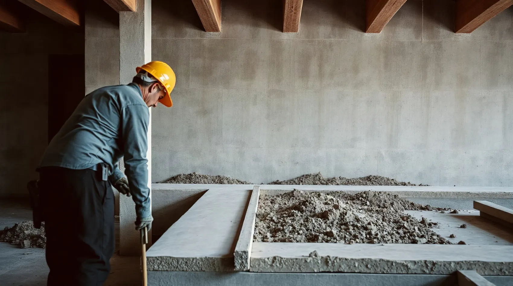 Artisan coulant une dalle béton pour un garage