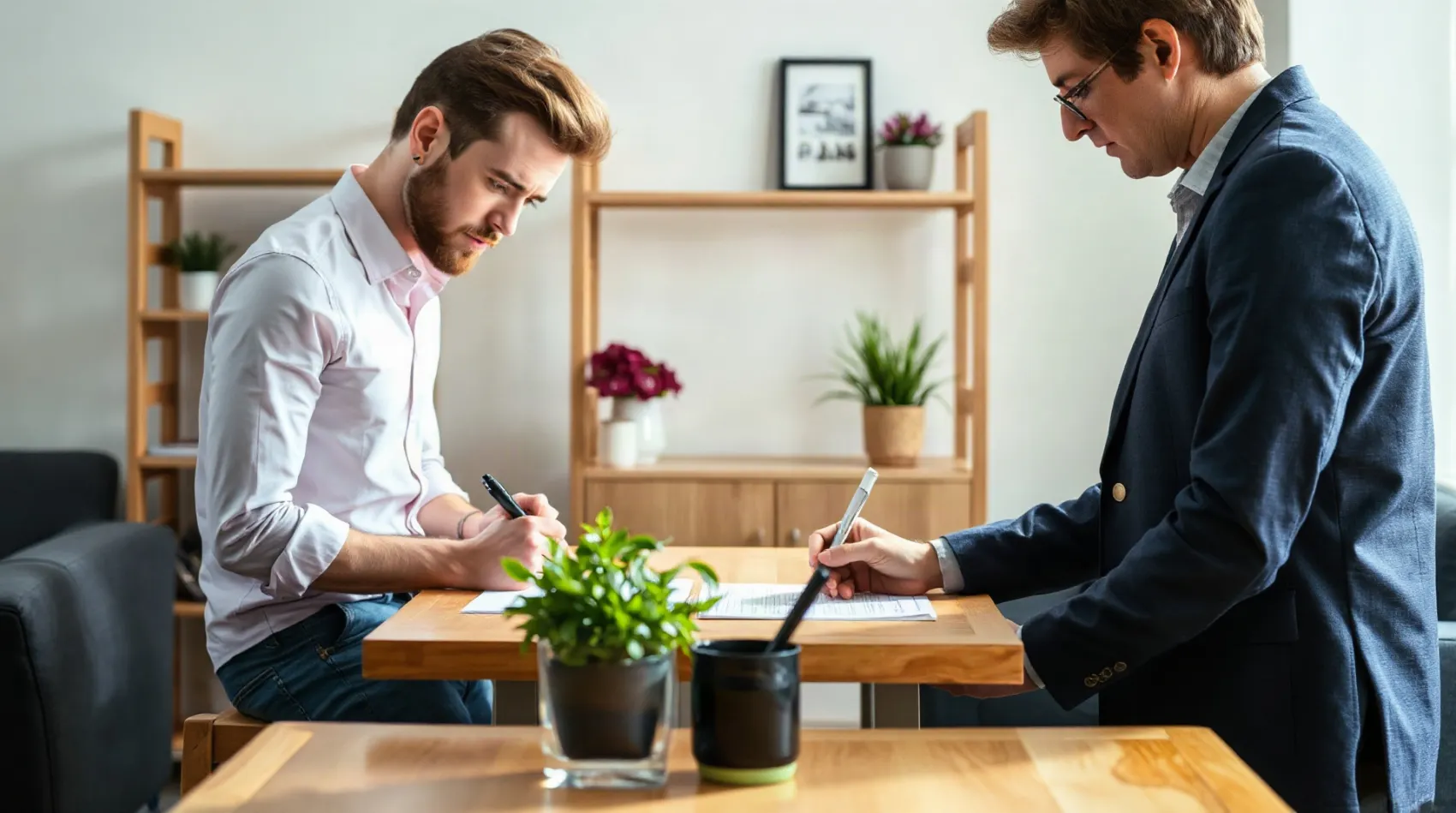 Deux personnes signant un contrat de location sur une table