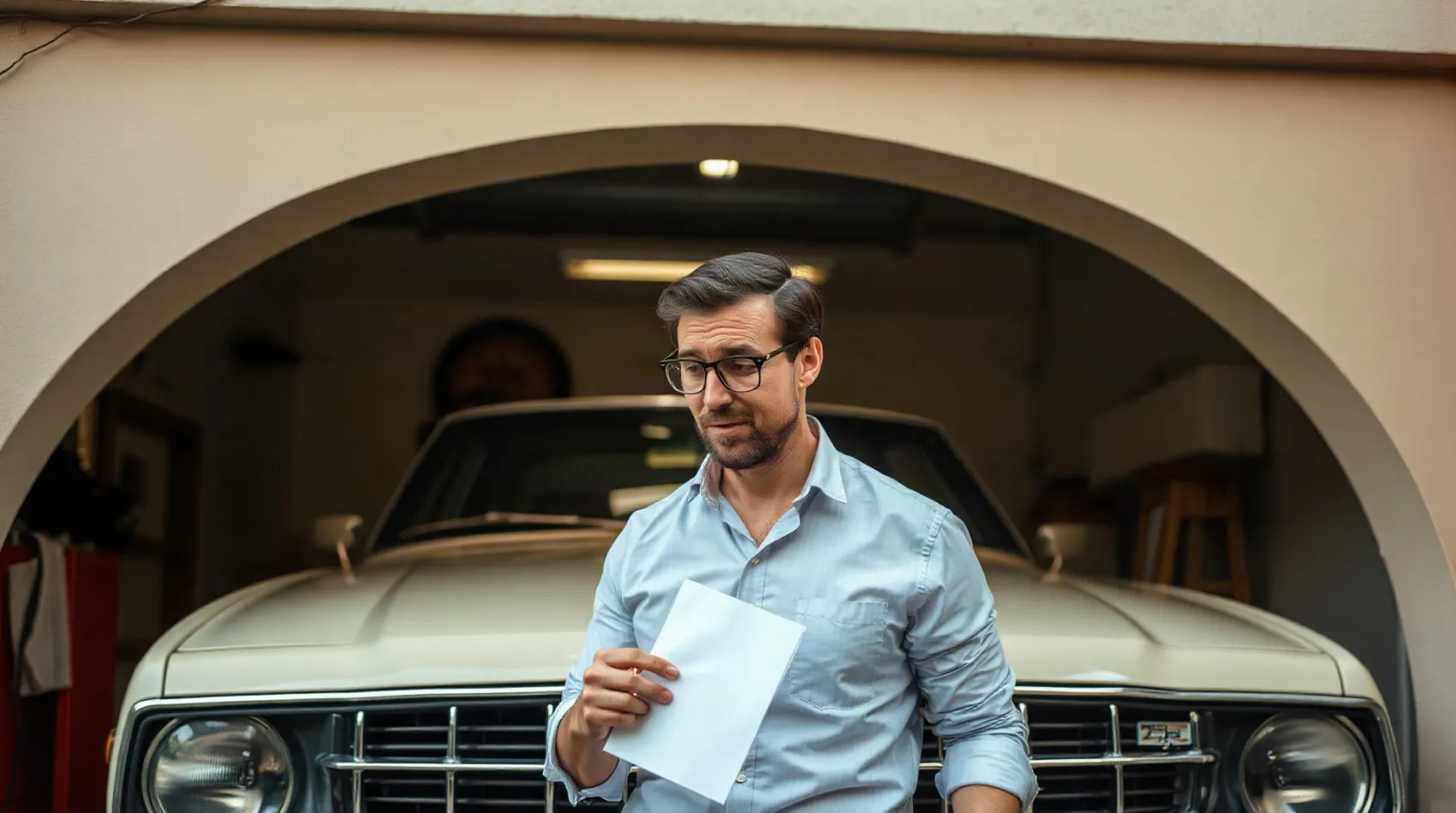 Homme lisant un contrat de bail devant son garage individuel