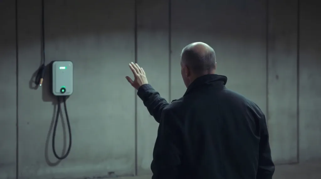 Investisseur inspectant une borne de recharge dans un parking souterrain