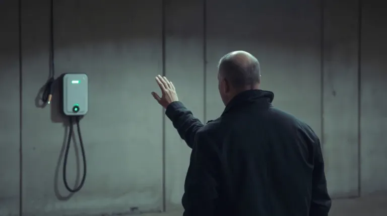Investisseur inspectant une borne de recharge dans un parking souterrain