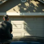 Propriétaire consultant des documents devant un garage fermé
