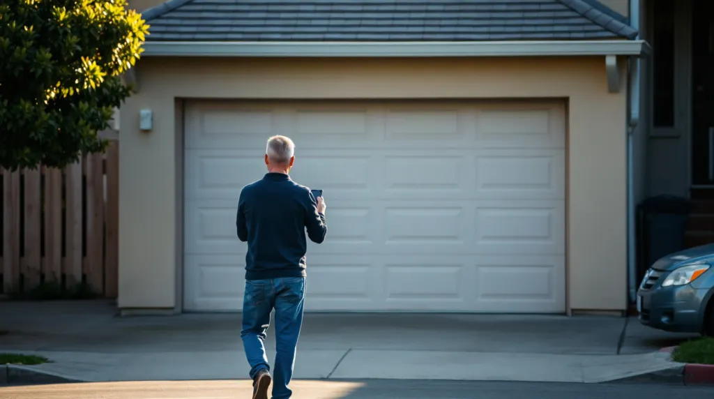Propriétaire devant un garage fermé pour une estimation immobilière