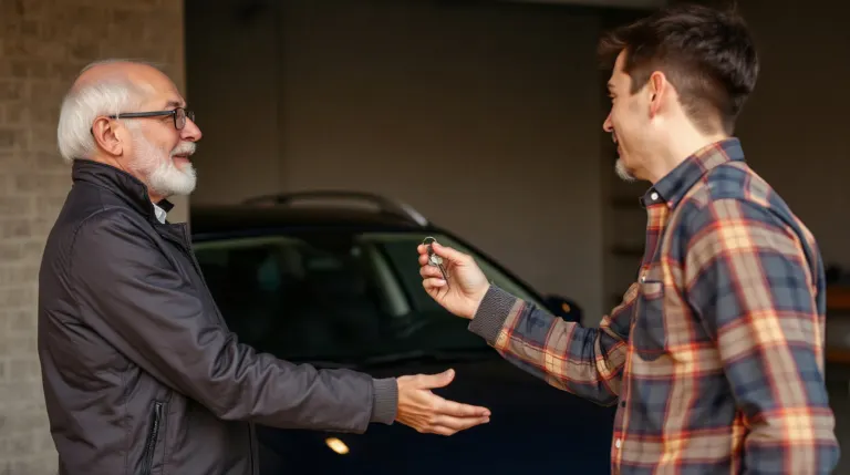 Propriétaire remettant les clés d'un garage à un locataire