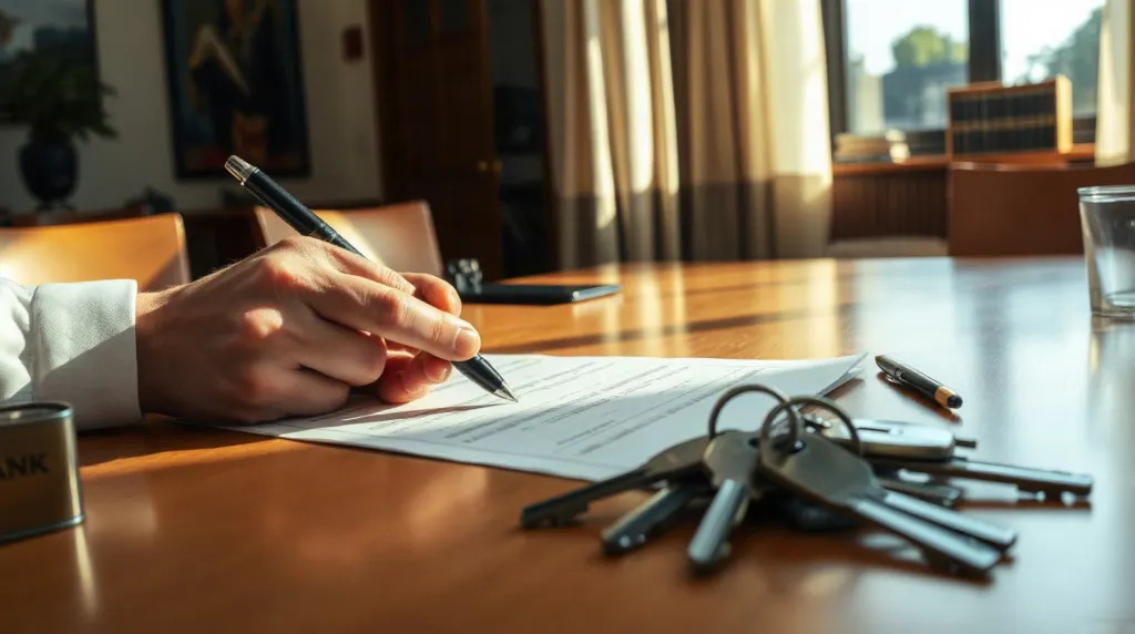 Propriétaire signant un contrat de prêt pour l'achat d'un garage