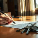 Propriétaire signant un contrat de prêt pour l'achat d'un garage