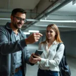 Remise de clés de parking entre propriétaire et locataire dans un parking souterrain