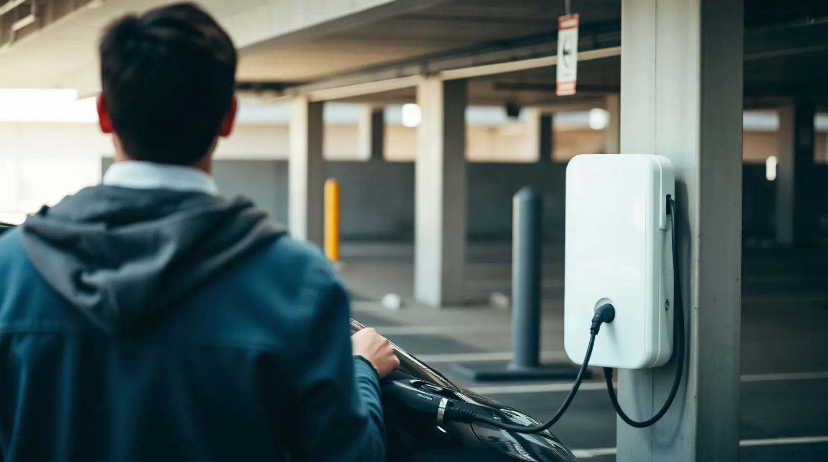 Voiture électrique branchée sur une borne de recharge dans un parking intérieur