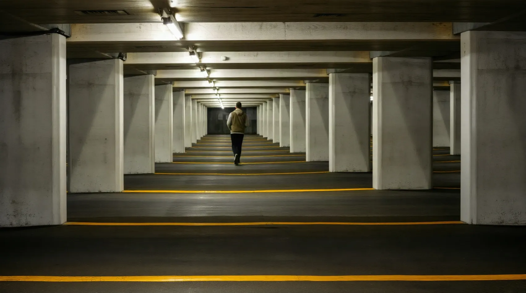Vue intérieure d'un parking souterrain avec places délimitées au sol