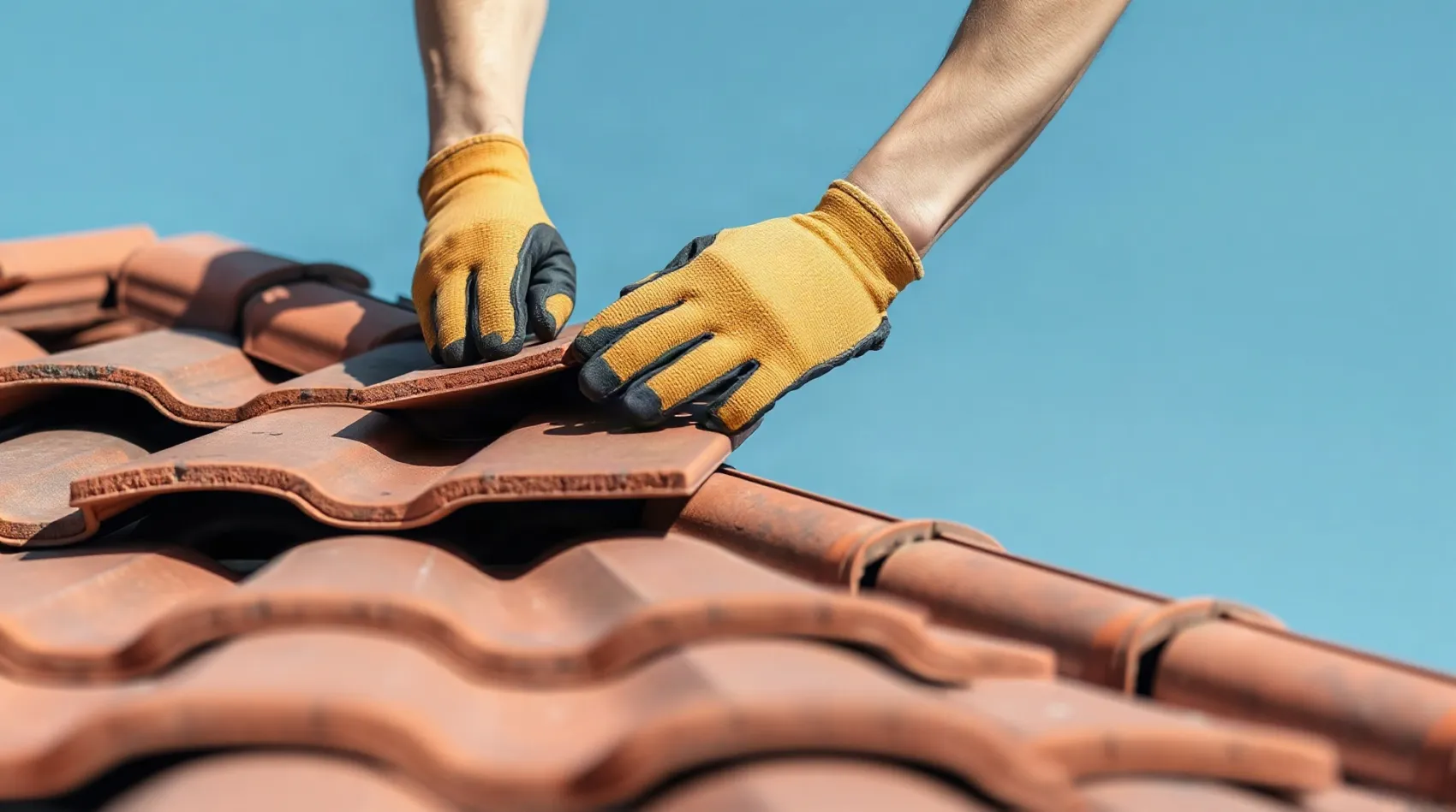 Couvreur réalisant des travaux de réfection de toiture sur un pavillon
