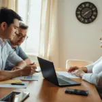 Réunion de copropriétaires autour d'une table avec documents et ordinateur portable