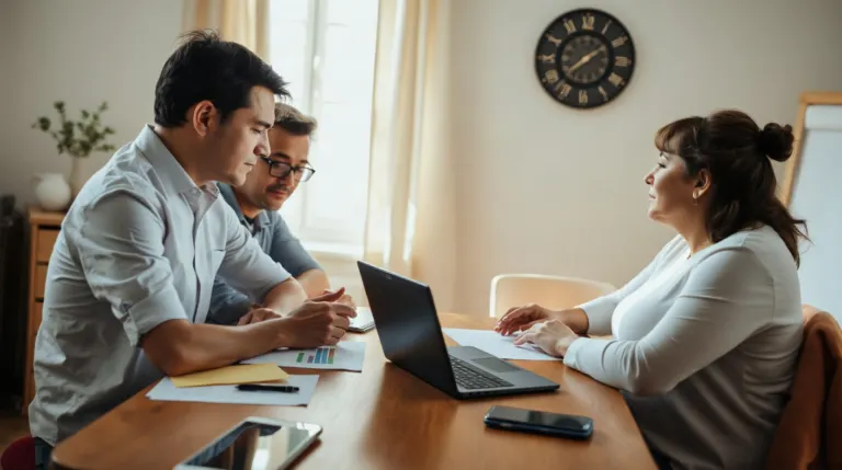 Réunion de copropriétaires autour d'une table avec documents et ordinateur portable
